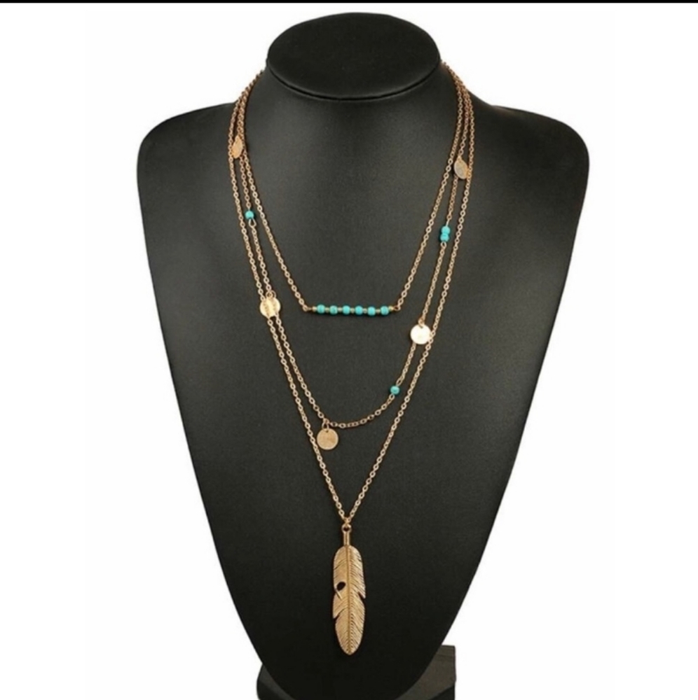 NEW Boho Turquoise Silver Feather Layered Necklace - Picture 4 of 8